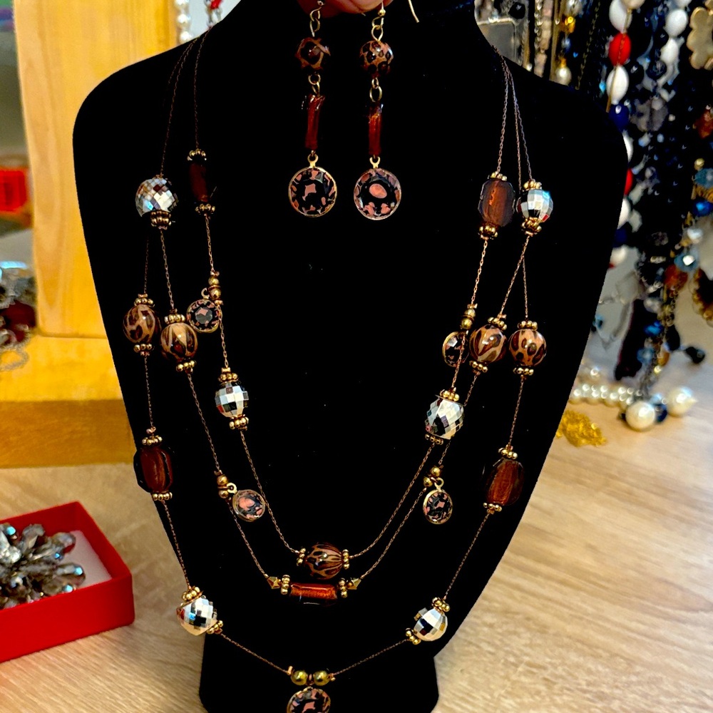 Vintage copper three strand necklace and matching earrings set